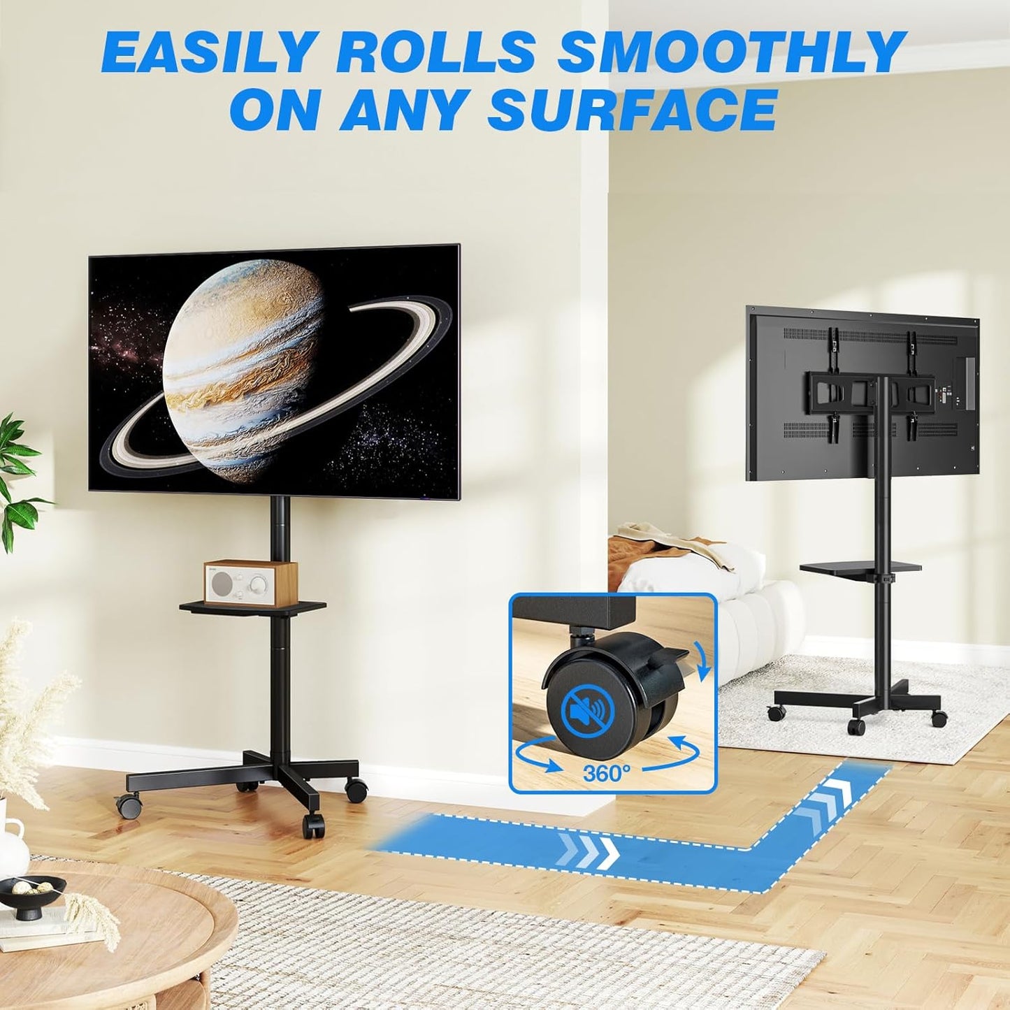 Rolling TV Stand with Shelf for 23-65 Inch Tvs up to 88Lbs, Portable Mobile TV Cart with Silent Wheel, Tilt & Height Adjustable Universal Corner TV Stand for Bedroom, Living Room, Office