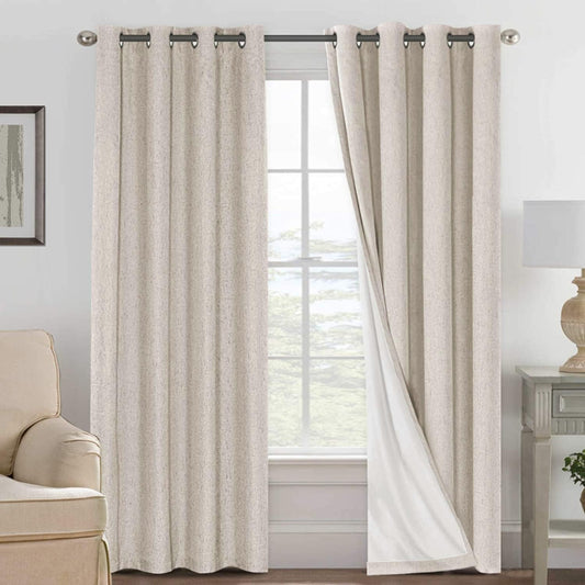 Linen 100% Blackout Curtains for Bedroom Full Light Blocking Curtains, Textured Window Curtain for Living Room 84 Inch Grommet, Energy Efficient Curtains White Liner(2 Panels, Natural)