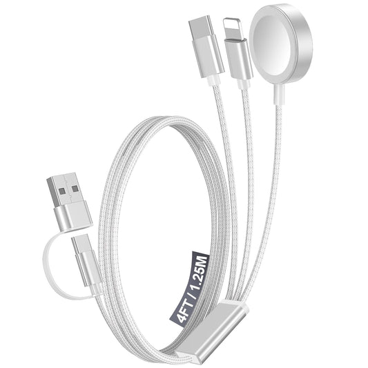 1Pack Multi Fast Charging Cable for Travel Vacation Essentials,Apple Watch Charger,Iphone Charger[3-In-2]Usb A/Type C/Lightning Cable for Iwatch,Iphone 16-11,Nintendo Switch,Airpods,Car,Camping-White