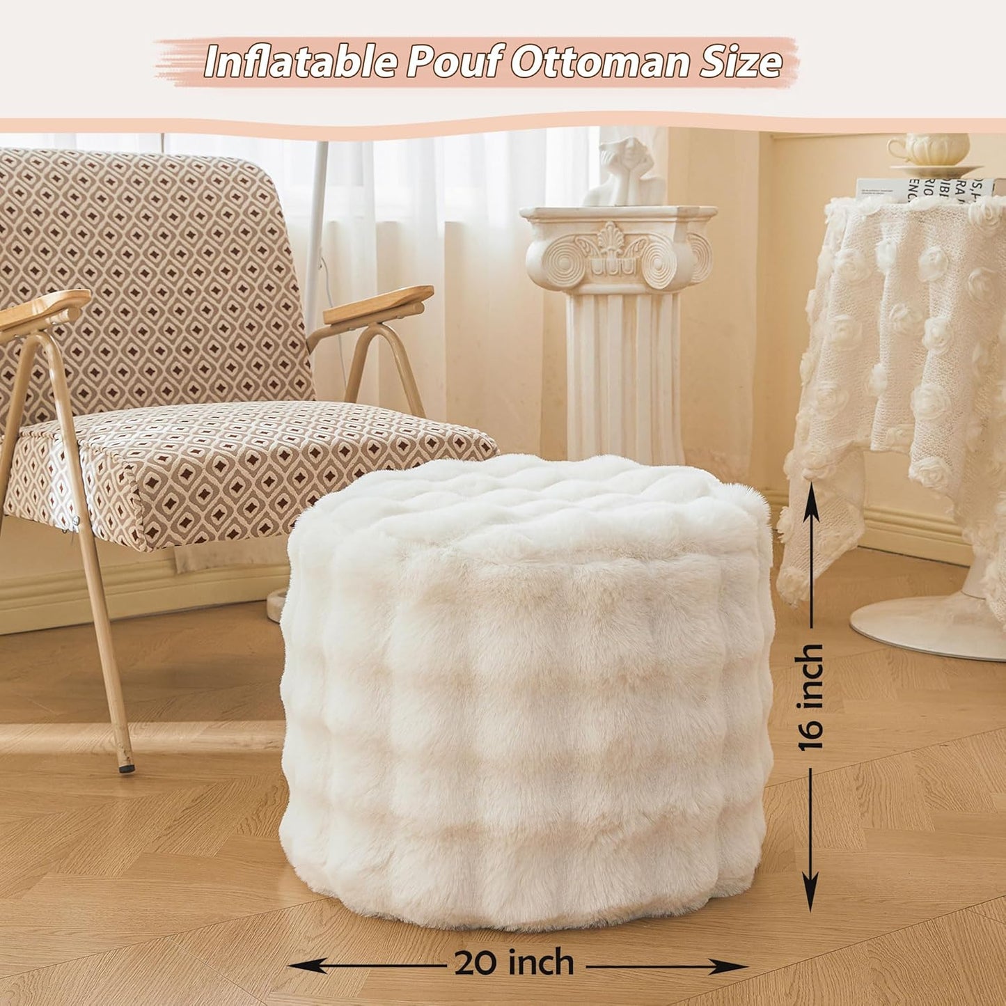 Faux Rabbit Fur round Inflatable Pouf Ottoman, 20 X 16 Waffle Bubble Fluffy Fuzzy Floor Poufs Foot Rest for Adults Kids Girls, Furry Pouf Chair Foot Stool Couch Home Decor, Anti-Slip, Beige