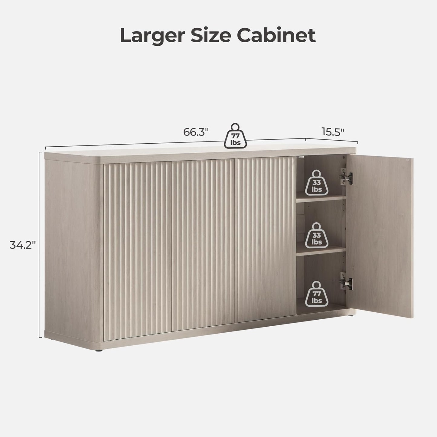 Buffet Cabinet with Storage Accent Sideboard with 4 Doors 66.3" Wide Fluted Credenza Modern Buffet Table Media Console Cabinet Entryway Cabinets for Living Room Kitchen Dining Room Hallway