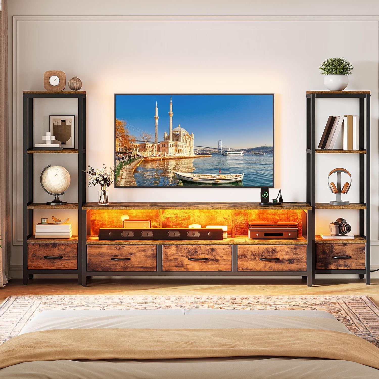 TV Stands for 65 Inch TV Entertainment Center with 2 Industrial 4-Tier Bookshelves, LED TV Stands for Living Room, Modern Farmhouse TV Console Cabinet with Power Outlets, Rustic Brown