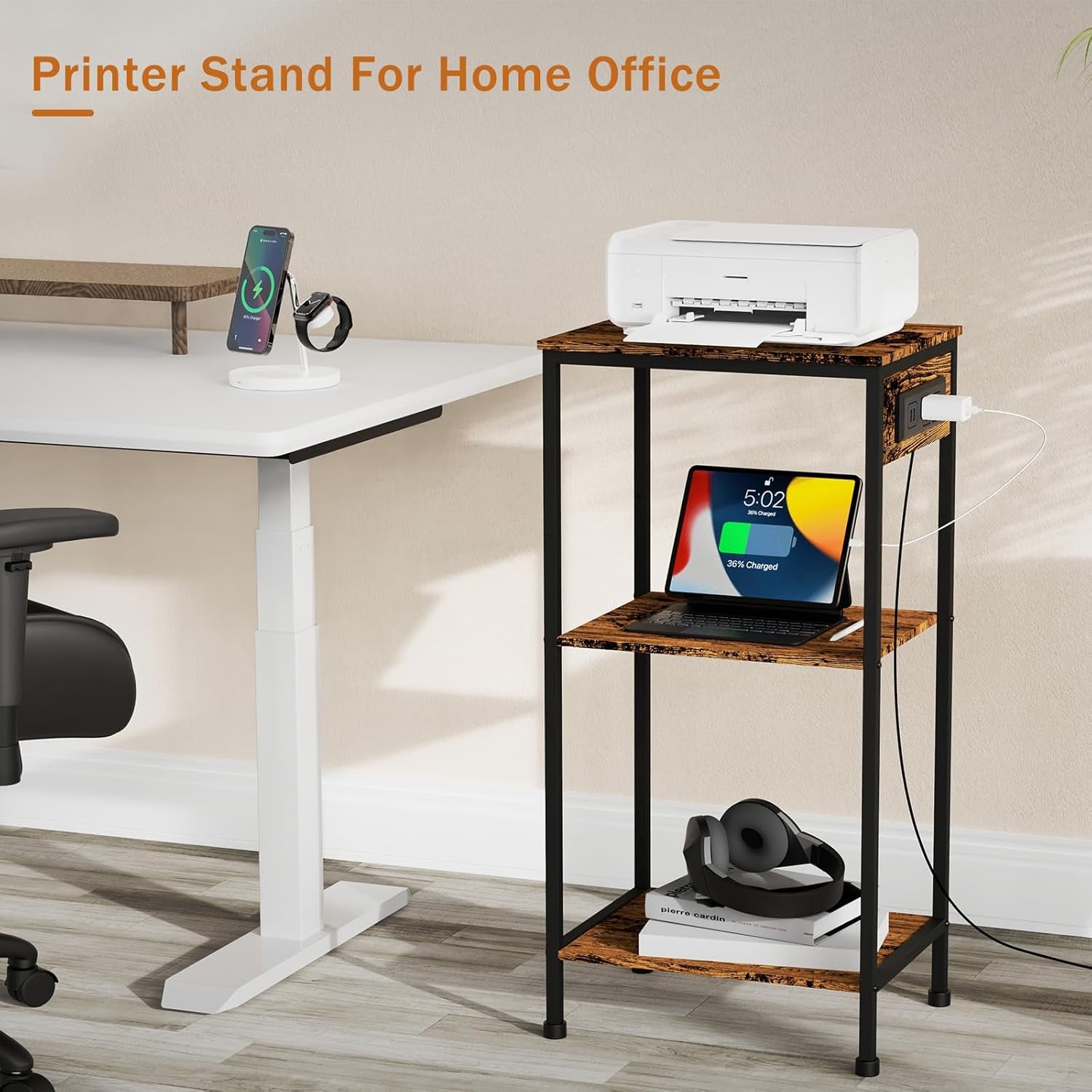 Tall End Table with Charging Station, 3 Tier Narrow Tall Nightstand with Storage, Slim Side Table with USB Ports and Outlets for Bedroom, Living Room, Office, Rustic Brown and Black