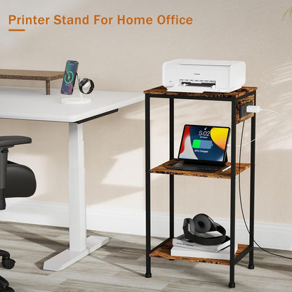 Tall End Table with Charging Station, 3 Tier Narrow Tall Nightstand with Storage, Slim Side Table with USB Ports and Outlets for Bedroom, Living Room, Office, Rustic Brown and Black