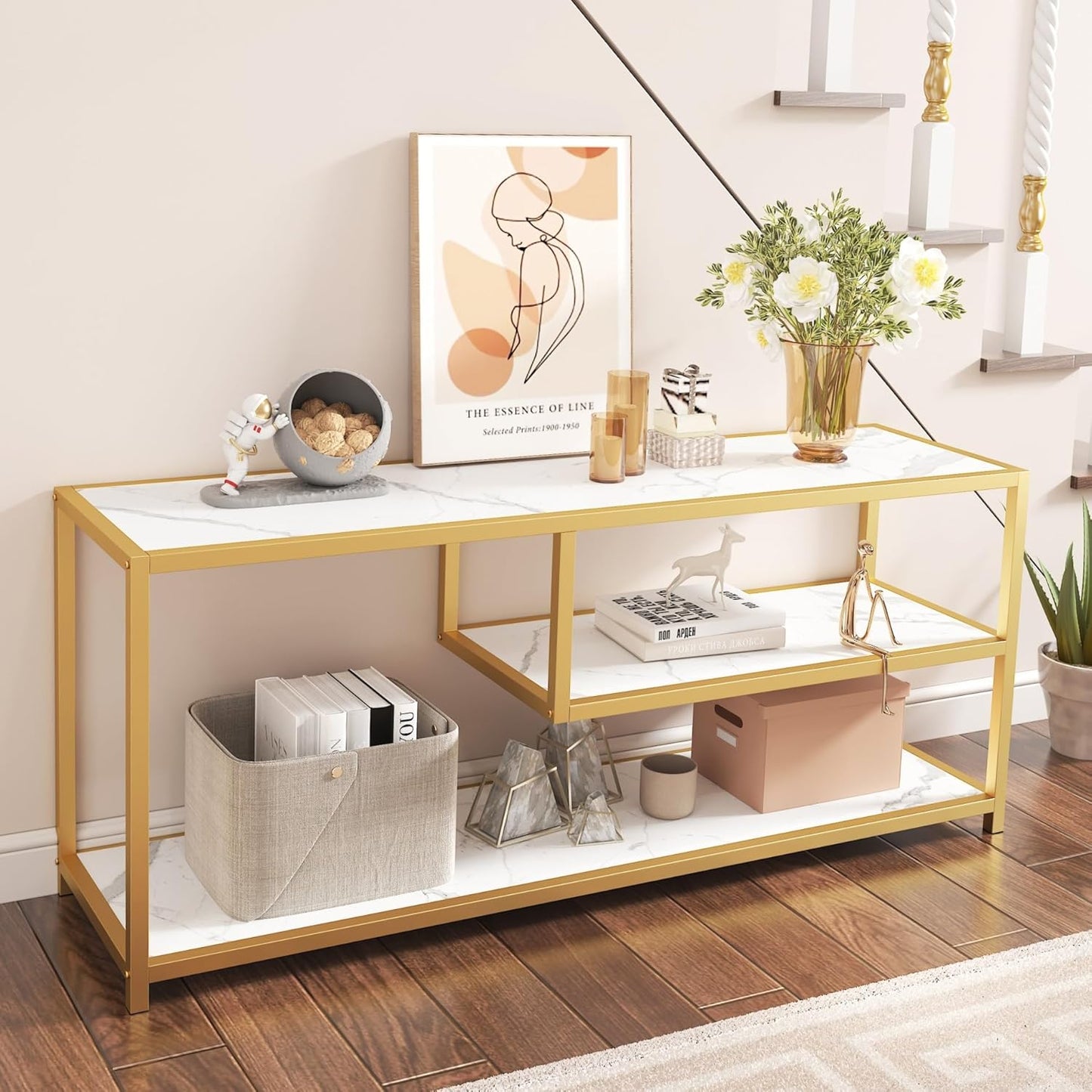 TV Stand for Tvs up to 55 Inch, 3 Tier Entertainment Center, Media Console with Open Storage Shelves for Living Room Bedroom, 47” Modern TV Table with Faux Marble Top Gold Metal Leg