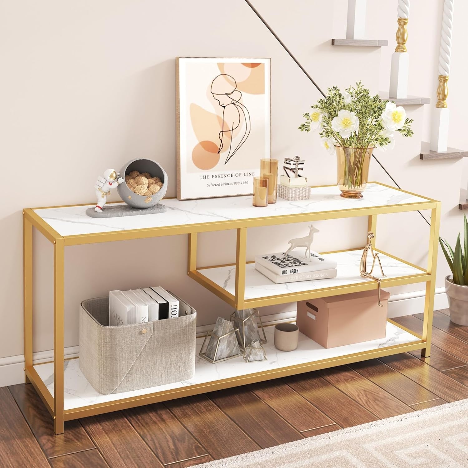 TV Stand for Tvs up to 55 Inch, 3 Tier Entertainment Center, Media Console with Open Storage Shelves for Living Room Bedroom, 47” Modern TV Table with Faux Marble Top Gold Metal Leg