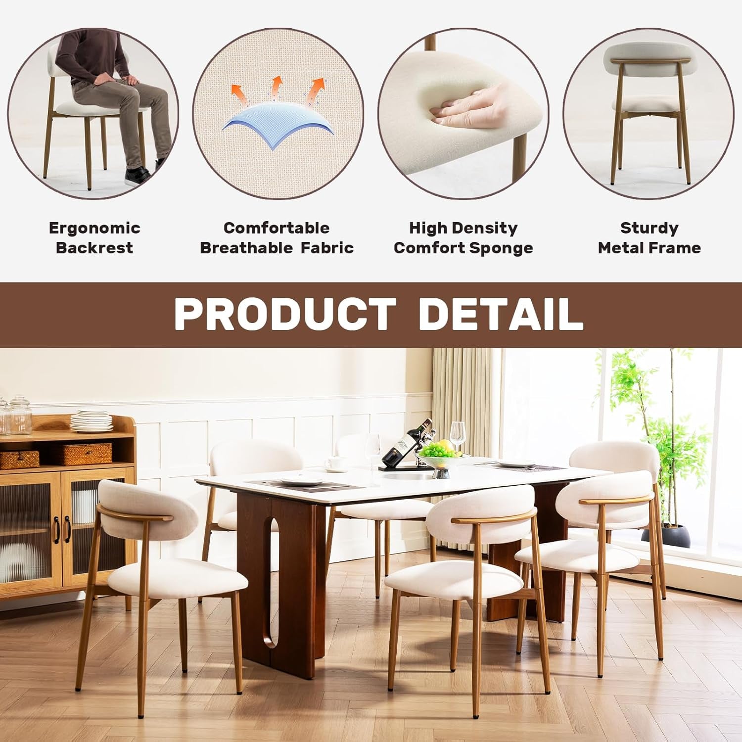Dining Chairs Set of 4, Metal Kitchen Chairs with Modern Fabric Upholstered for Dining Room, Beige