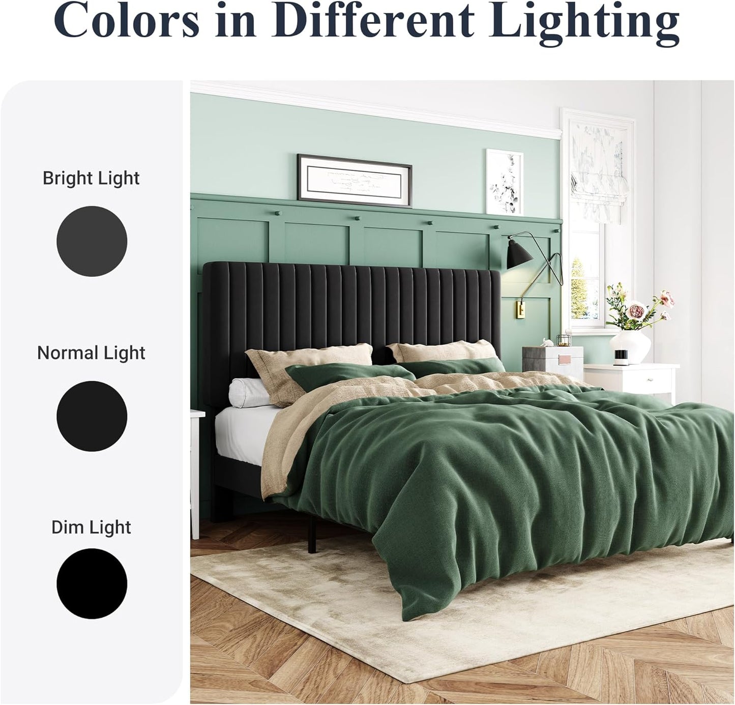 Queen Bed Frame, Velvet Upholstered Platform Bed with Vertical Channel Tufted Headboard, Mattress Foundation with Strong Wooden Slats, Box Spring Optional, Easy Assembly, Black