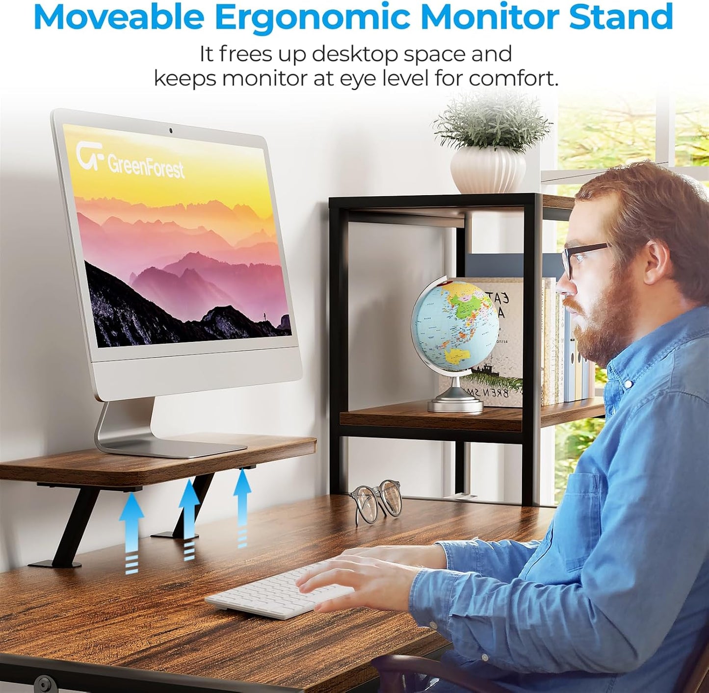 Computer Desk 58 Inch with Printer Shelf, Reversible Office Desk with Monitor Stand and 2 Hooks, Home Workstation for Study Writing Working Gaming, Brown