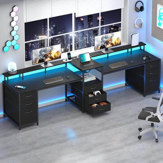 98.4" Long Computer Desk with 9 Drawers, 2 Person Gaming Desk with LED Lights & Power Outlet, Two Person Home Office Desk with Storage, Printer Shelf ＆ Monitor Stand, Black