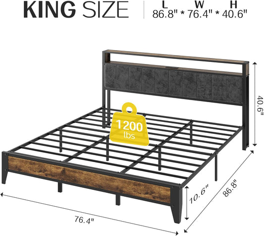 King Bed Frame with Headboard, Metal Platform Bed King Size with 2-Tier Storage, LED Light & Charging Station Type C, No Box Spring Needed, Easy Assembly