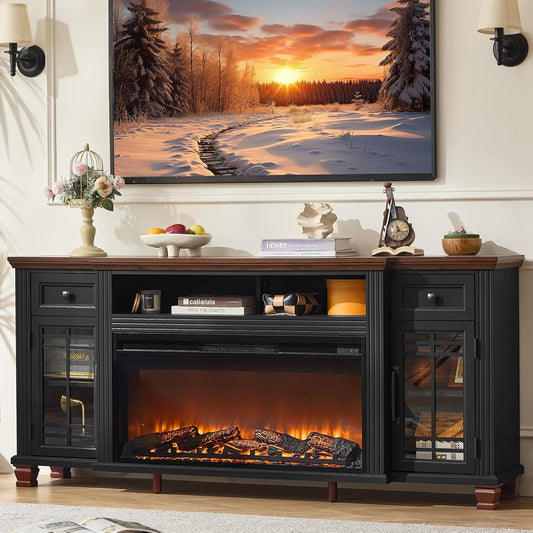 70" Fireplace TV Stand with 36”Silent Electric Fireplace, Farmhouse Entertainment Center for Tvs up to 80", 2 Drawers TV Console with Glass Door Cabinet, Black Tvs Cabinet for Living Room
