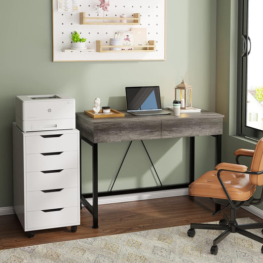 40Inch Small Desk with 2 Wooden Drawers,Vanity Desks for Home Office with Storage, Simple Computer Desk for Small Space,Desk for Bedroom, Modern Writing Work Kids Study Desk Table, Grey Oak