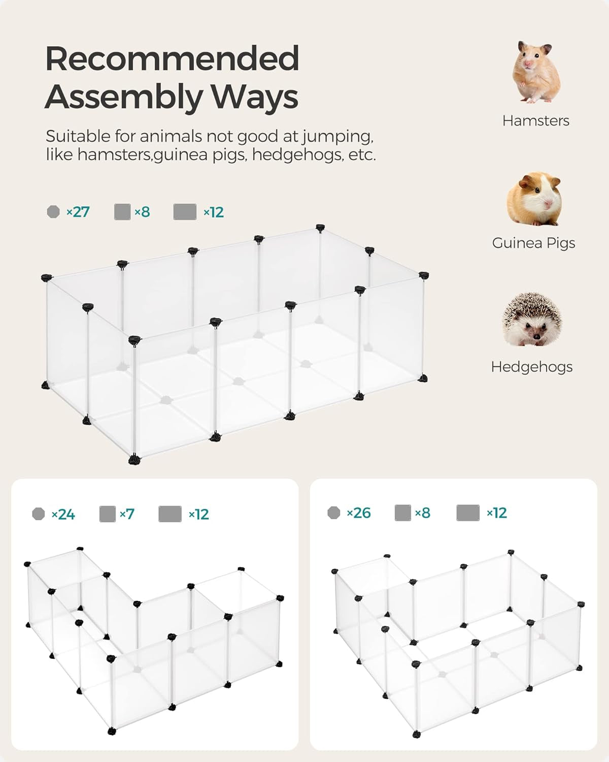 20 Panels Pet Playpen with Floor, Small Animal Playpen, Pet Fence Indoor, DIY Plastic Enclosure for Guinea Pigs, Bunny, Hamsters, Hedgehogs, 49.2 X 24.8 X 16.5 Inches, White ULPC001W01