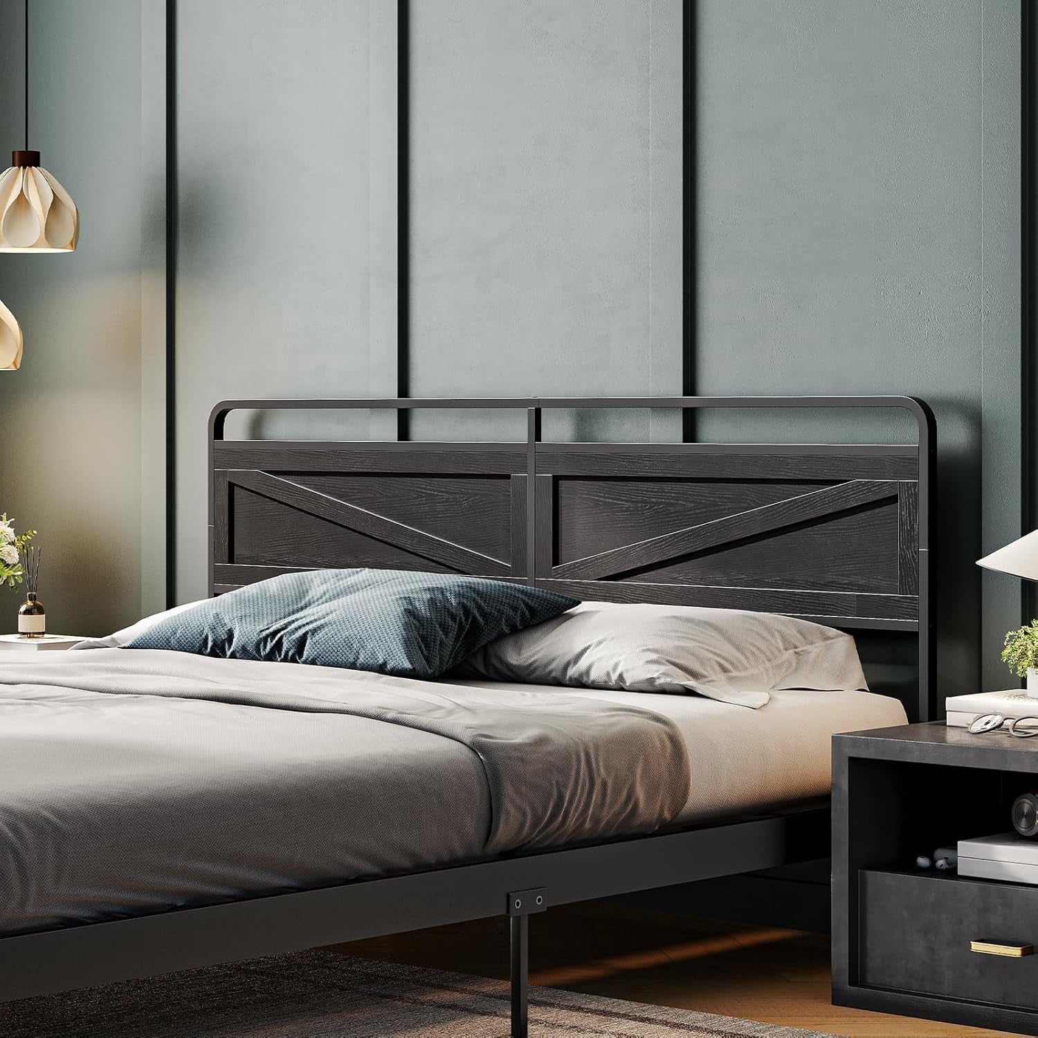Wooden Panel Headboard, King Headboard, Minimalist Head Board with Metal Frame, Height Adjustable, with Bed Frame Adapter, Black