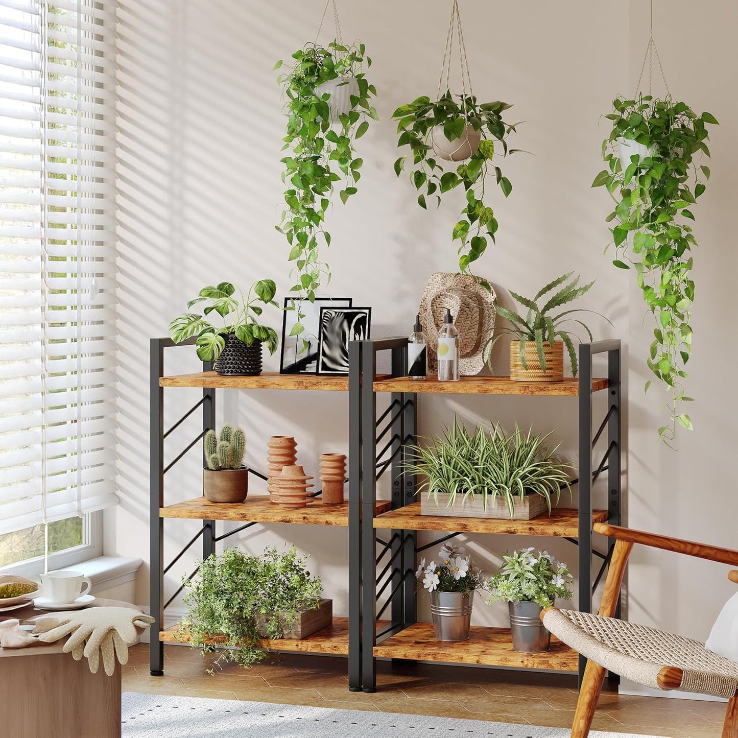 3 Tier Bookshelf, Industrial Bookcase with Metal Frame and Sidebars, Office Shelves for Small Spaces, Bedroom, Living Room, Rustic Brown