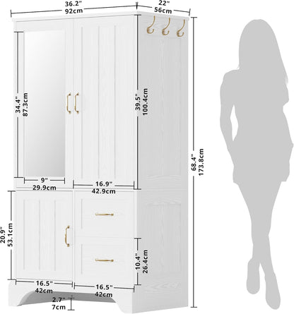 Armoire Wardrobe Closet with Mirror and 3 Doors and 2 Drawers, Bedroom Wooden Armoire Storage Cabinet Combination with Hanging Rod for Bedroom, White