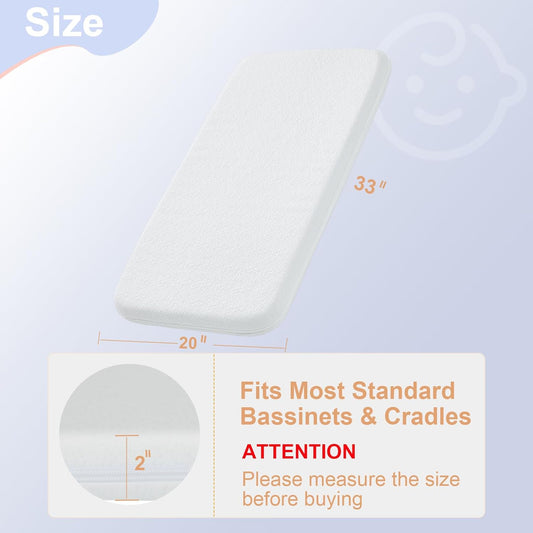 Baby Bassinet Mattress Pad, 33" X 20" Dual Sided Comfort Gel Memory Foam Mattress with Removable Breathable Soft Tencel Cover Fit for Baby Delight/Mika Micky/Koolerthings Bassinet