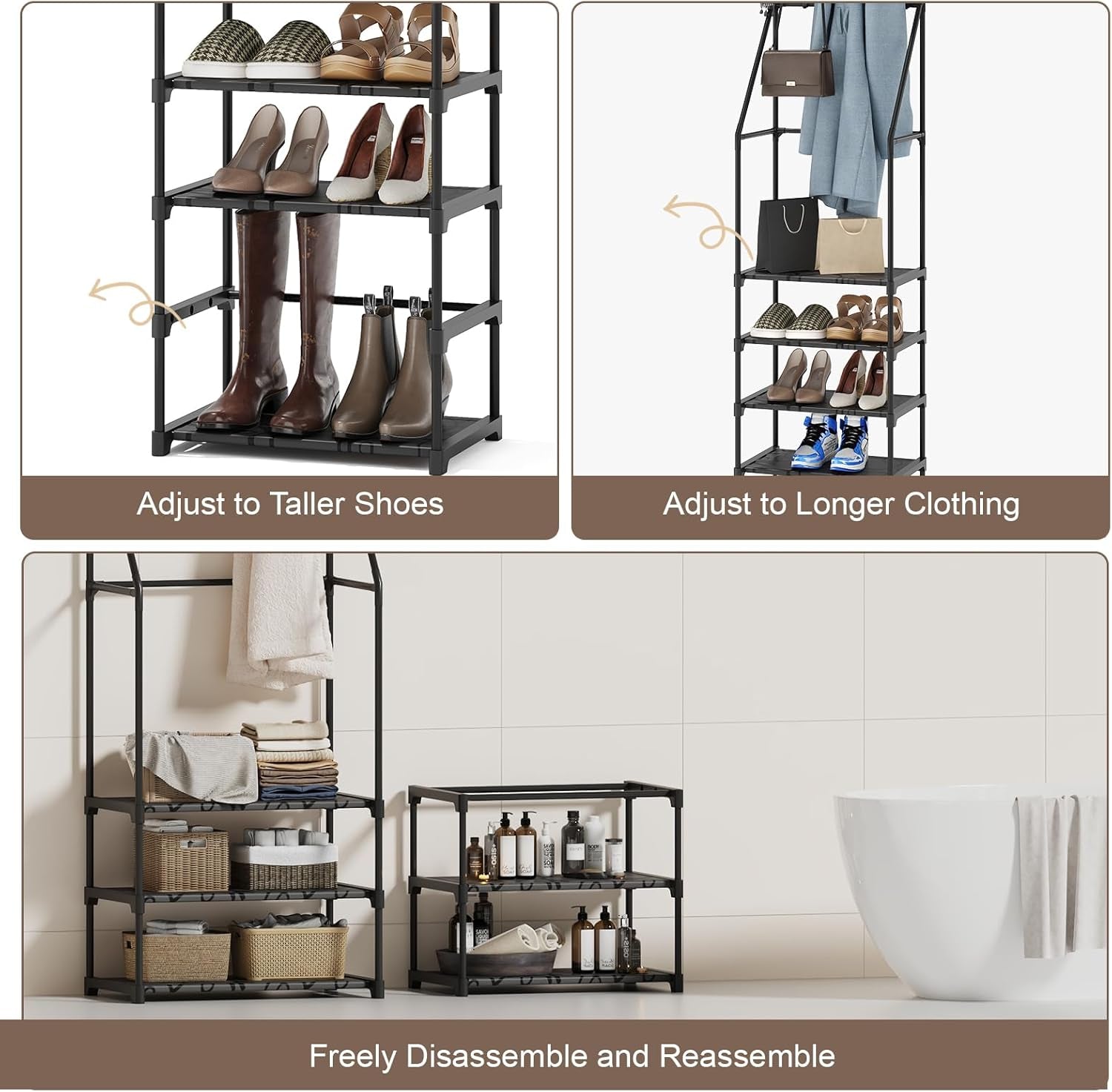 Coat Rack with Shoe Storage, Space-Saving Entryway Coat Shoe Rack, Easy Assembly Hall Tree, Multifunctional Storage Solution，Black