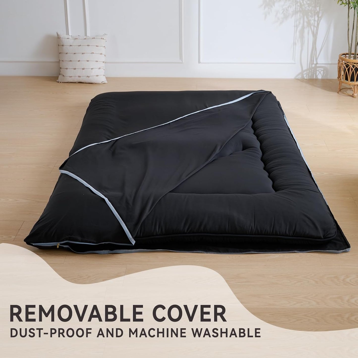 Japanese Floor Mattress, 3.5" Thicken Futon Mattress Tatami Mat, High Density Foam Support for Adult Kids Sleep, Portable Futon Sofa Bed for Camping, Pet Mat, Twin 80"X 39"（Black）
