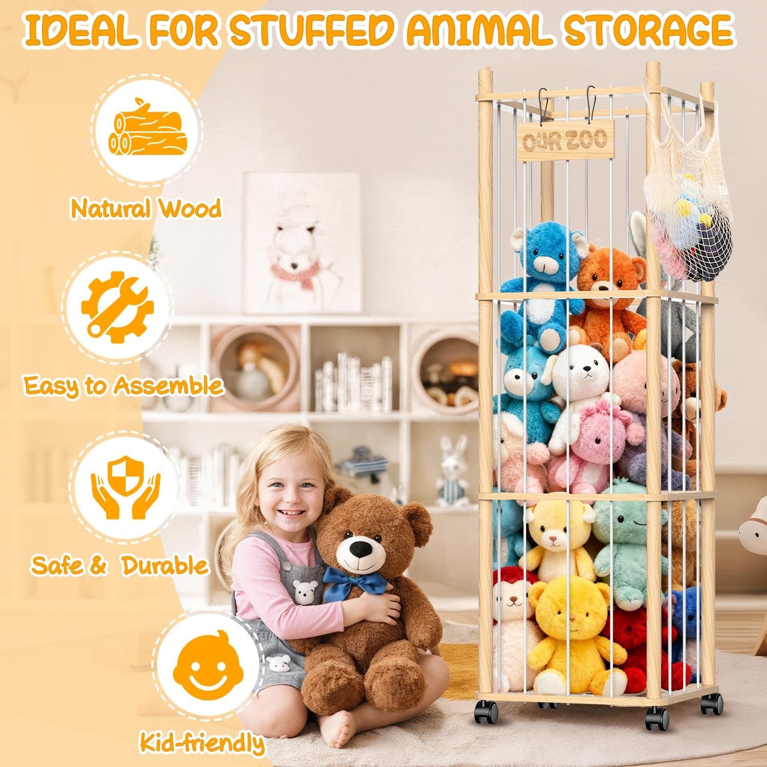 Stuffed Animal Storage & Holder, Natural Pine Wood Plushies Storage with Wheels, Large Capacity Stuffed Animal Zoo with Building Block Bag, Space save Toy Organizer for Nursery Playroom & Bedroom