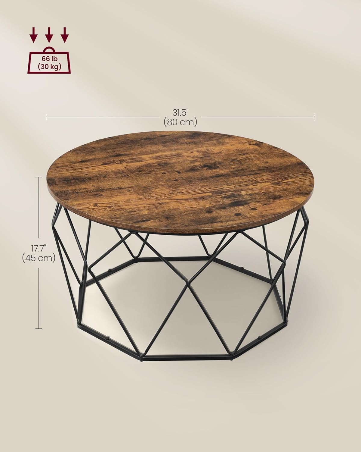 round Coffee Table for Living Room, Cage Cocktail Table with Steel Frame, 31.5 Inches Dia., Industrial Style, Rustic Brown and Black ULCT040B01