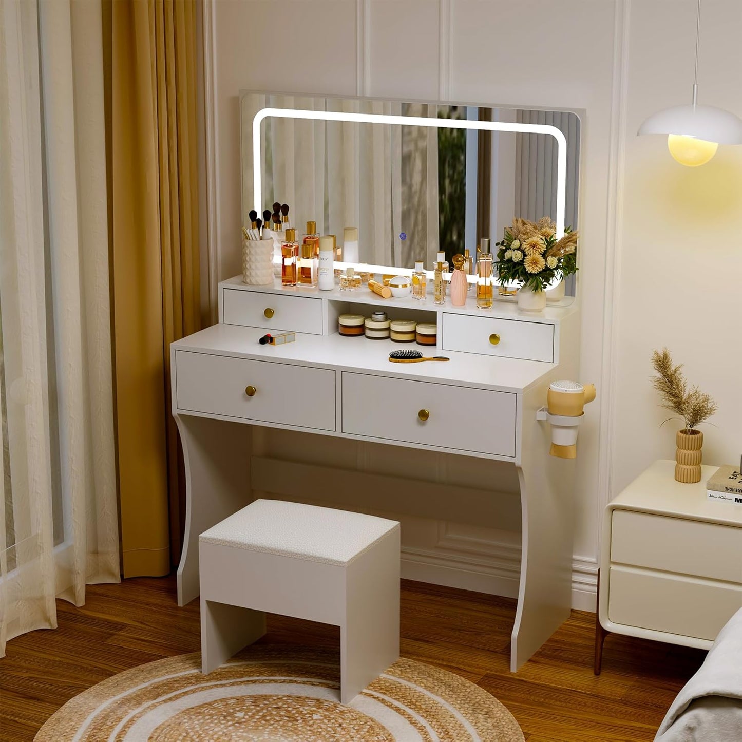 Vanity Desk with Mirror and Lights,4 Drawers Golden Handles Makeup Vanity with Storage Stool,Power Outlet,3 Lighting Modes,Silent Slides