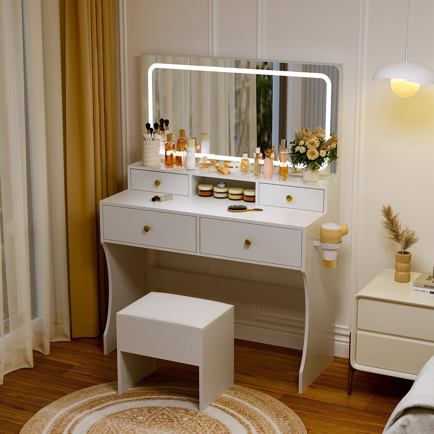 Vanity Desk with Mirror and Lights,4 Drawers Golden Handles Makeup Vanity with Storage Stool,Power Outlet,3 Lighting Modes,Silent Slides