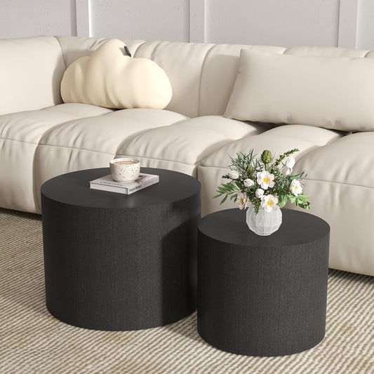 Nesting Coffee Table Set of 2, round Wood Black Coffee Tables Modern Circle Coffee Tables Side End Table for Small Spaces Living Room, Bedroom, Balcony, Office