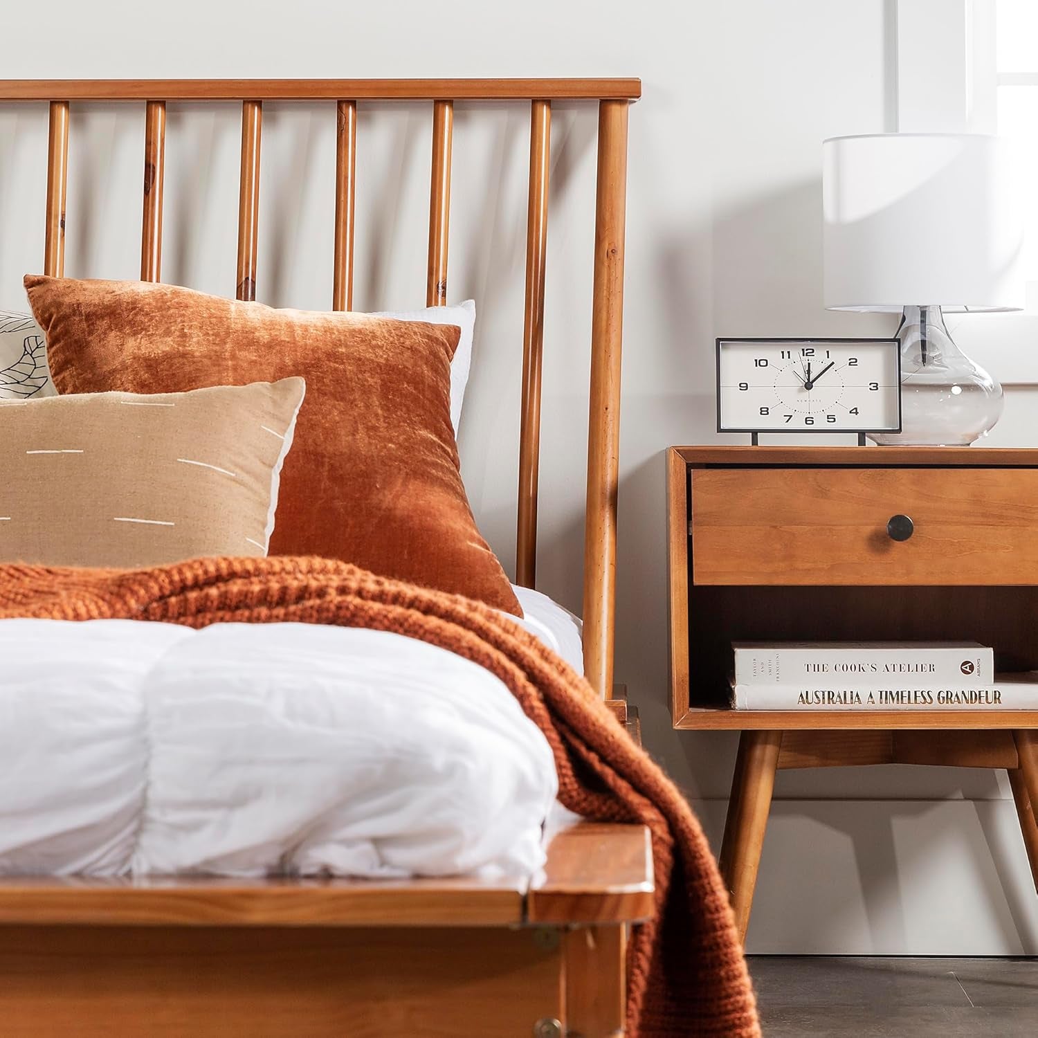 Mid Century Modern Solid Wood Spindle Platform Bed Headboard Footboard Bed Frame Bedroom, Twin, Caramel