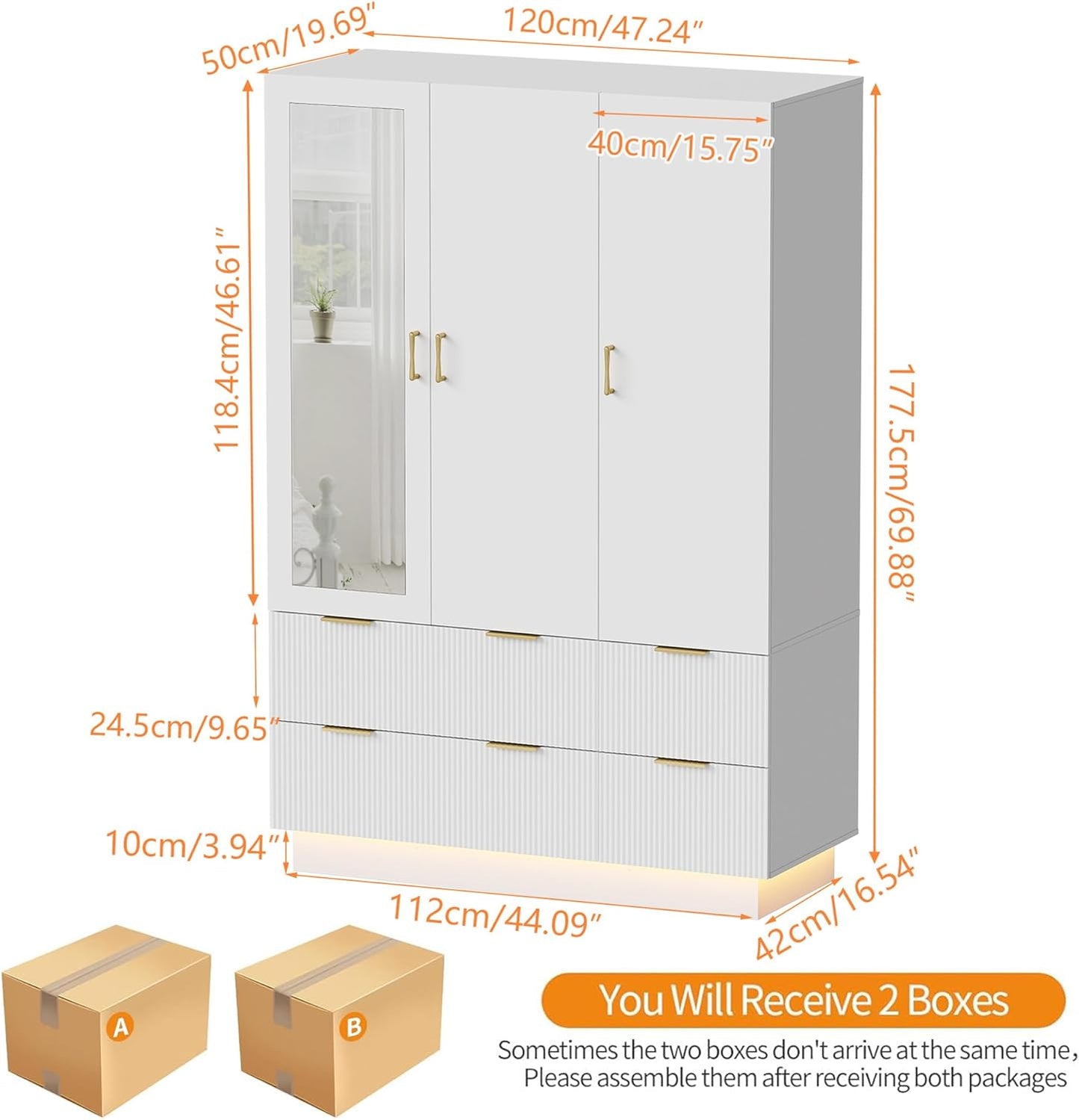 Armoire Wardrobe Closet with 3 Door, Bedroom Armoires with Mirror and LED Lights, Hanging Rod, Drawers, Large Capacity Storage Wardrobe Armoire for Bedroom