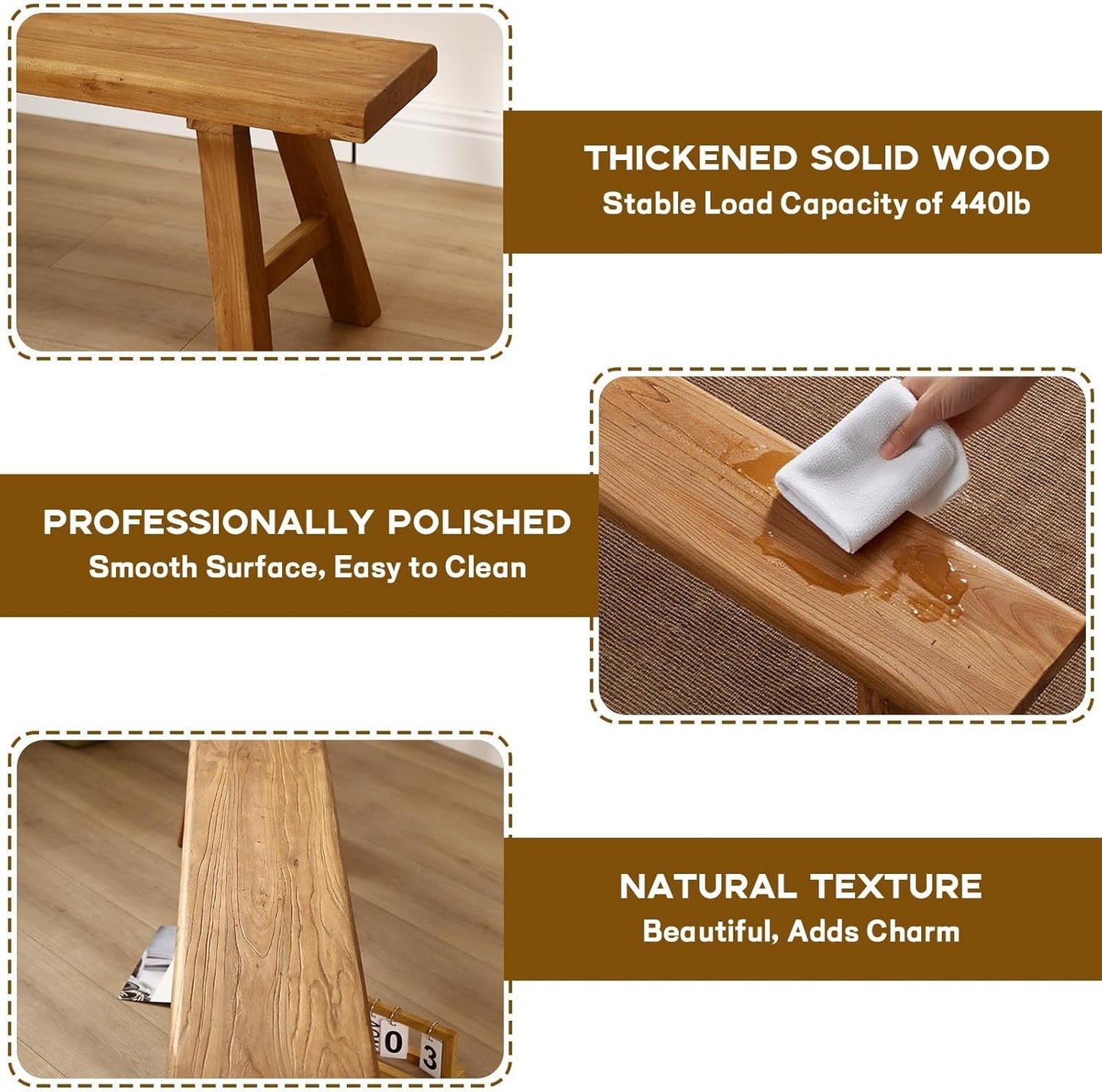 Farmhouse Wooden Dining Bench Indoor Natural Solid Wood Living Room Kitchen Long Bench 20" 32" 39" 47" 55" 63" 71" 79" Entryway Shoe Rack Bench for Bedroom Hallway Easy to Assemble Sturdy and Stable(4