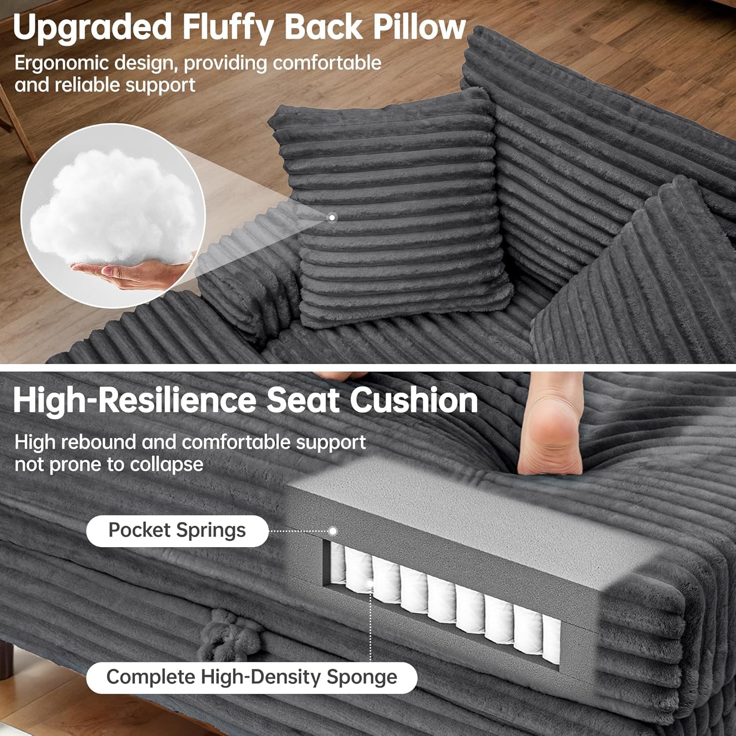 54" Oversized Chaise Lounge Chair Indoor, Comfy Sofa Bed with Removable Storage Ottoman and Pillows, Upholstered Reading Chairs Corduroy Cloud Couches, for Living Room, Gray