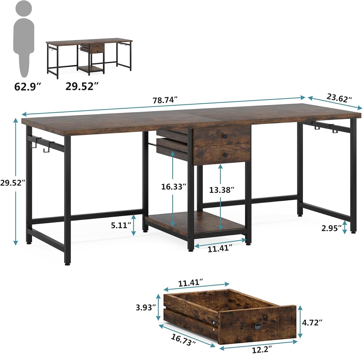 Two Person Desk, 79 Inch Double Desk with 2 Drawers, Large Computer Desk Long Desks with Storage Shelves, Writing Table Study Desk for Home Office, Rustic Brown (NY001)