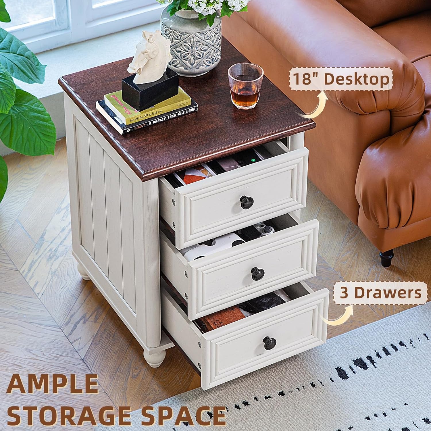 18" Farmhouse Night Stand, White Wood Nightstand with 3 Drawers, Bedside End Table with Storage and Roman Column, Bed Side Tables Cabinet for Bedroom, Living Room, and Closet