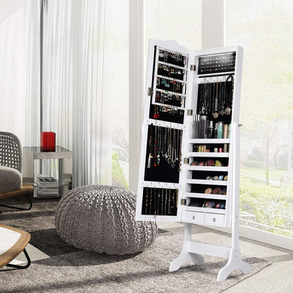 Jewelry Armoire Organizer with Full Length Mirror, 14 Leds Floor Standing Jewelry Cabinet with 2 Drawers, 4 Adjustable Angles, Lockable Jewelry Storage Box Cabinet (White)