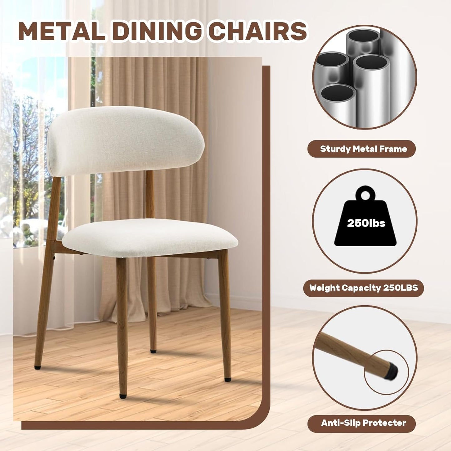 Dining Chairs Set of 4, Metal Kitchen Chairs with Modern Fabric Upholstered for Dining Room, Beige