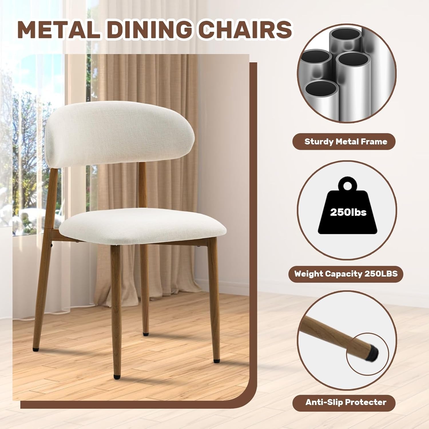 Dining Chairs Set of 4, Metal Kitchen Chairs with Modern Fabric Upholstered for Dining Room, Beige