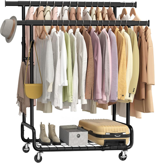 Clothes Rack, Heavy-Duty Rolling Clothing Garment Rack with Wheels, Extendable Double Hanging Rods and Adjustable Height, Portable, with Shelf and Hooks, Ink Black UHSR015B01