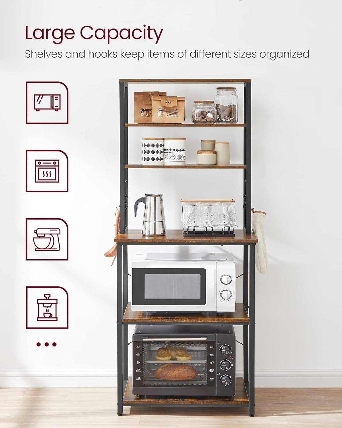 Coffee Bar, 39.4 Inches Baker'S Rack for Kitchen with Storage, 6-Tier Kitchen Shelves with 6 Hooks, Microwave Stand, Industrial, Greige and Black UKKS039K02