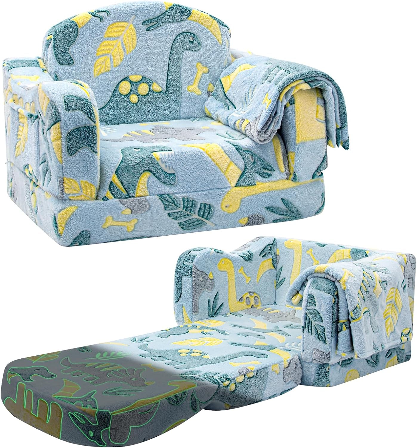 Comfy Toddler Chair and Couch for Kids with Blanket,2-In-1 Soft Plush Fold Out Toddler Couch for Girls and Boys,Convertible Sofa to Lounger for Playroom,Glowing Dinosaur