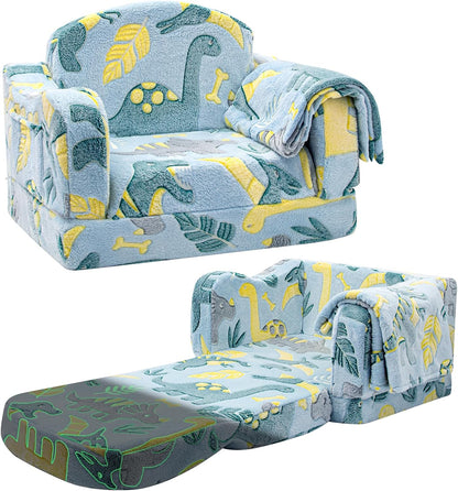Comfy Toddler Chair and Couch for Kids with Blanket,2-In-1 Soft Plush Fold Out Toddler Couch for Girls and Boys,Convertible Sofa to Lounger for Playroom,Glowing Dinosaur