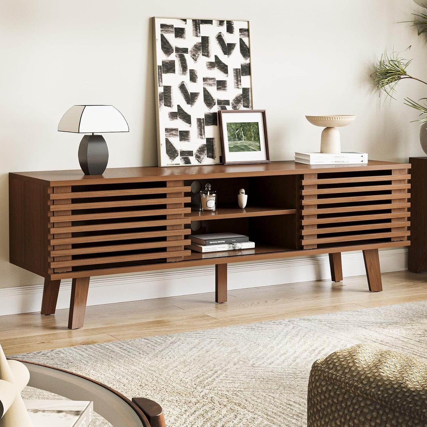 Living Room Table Sets of 2, Mid Century Coffee Table & Dresser TV Stand, Sliding Door Coffee Table with Storage, Modern TV Stand for Bedroom, Living Room, Walnut