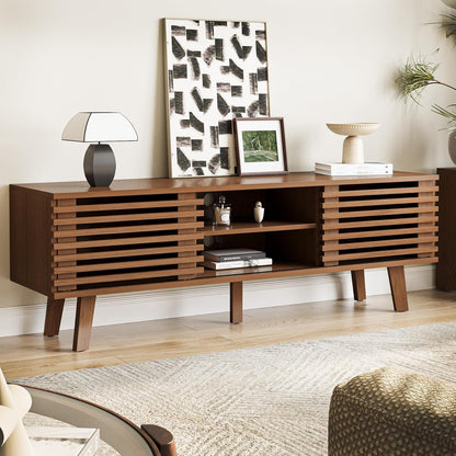 Living Room Table Sets of 2, Mid Century Coffee Table & Dresser TV Stand, Sliding Door Coffee Table with Storage, Modern TV Stand for Bedroom, Living Room, Walnut
