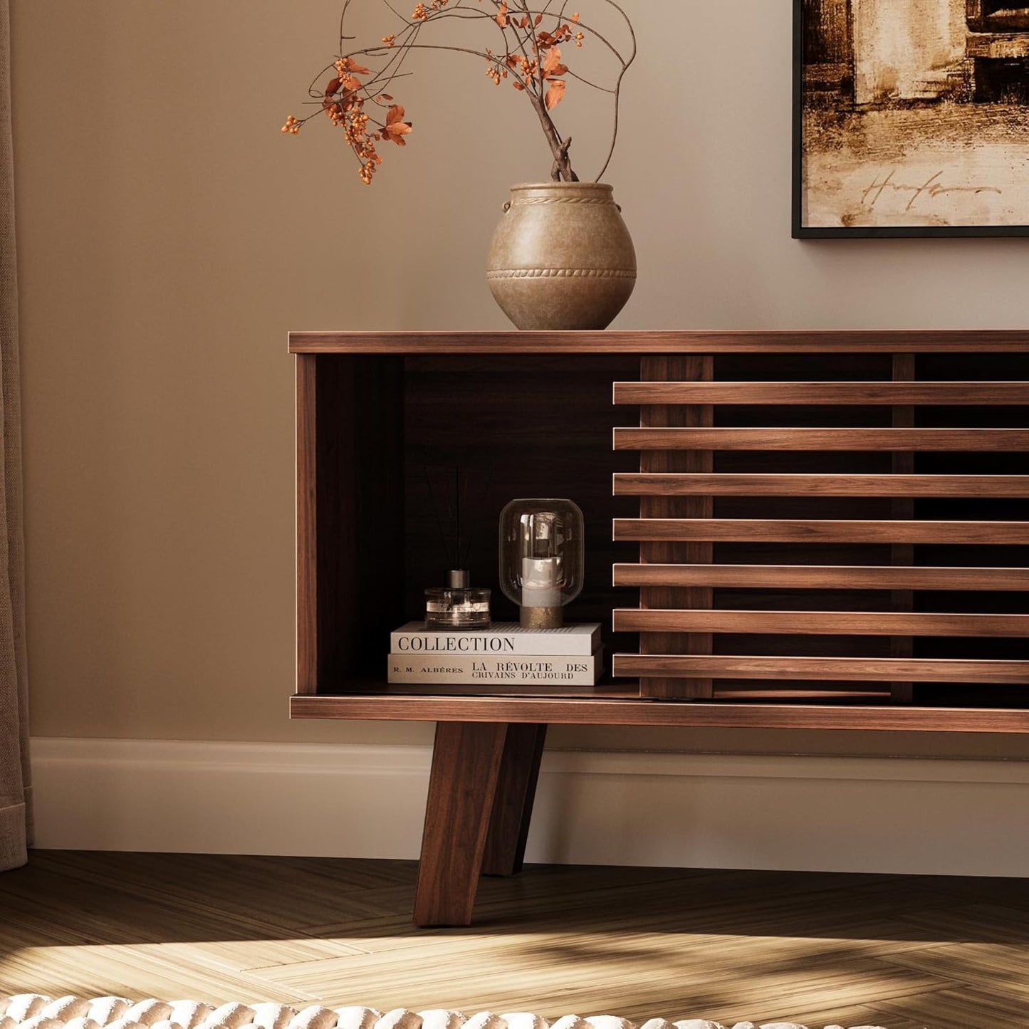 Mid-Century Modern TV Stand for 50/55/60 Inch TV, Retro Entertainment Center with Storage Cabinet & Sliding Door, TV Stand for Living Room, Bedroom