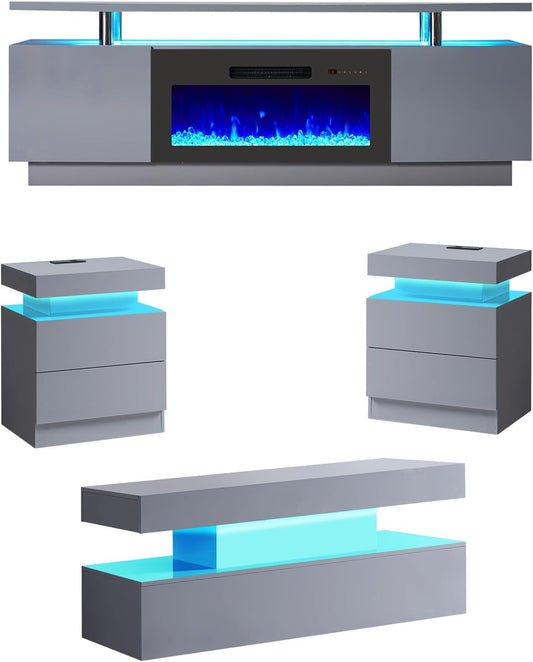5 Piece Modern Living Room Table Set, Includes 70" Fireplace TV Stand, 2-Tier Coffee Table, 2 X Side Tables with Charging Station, LED Media Furniture, Grey