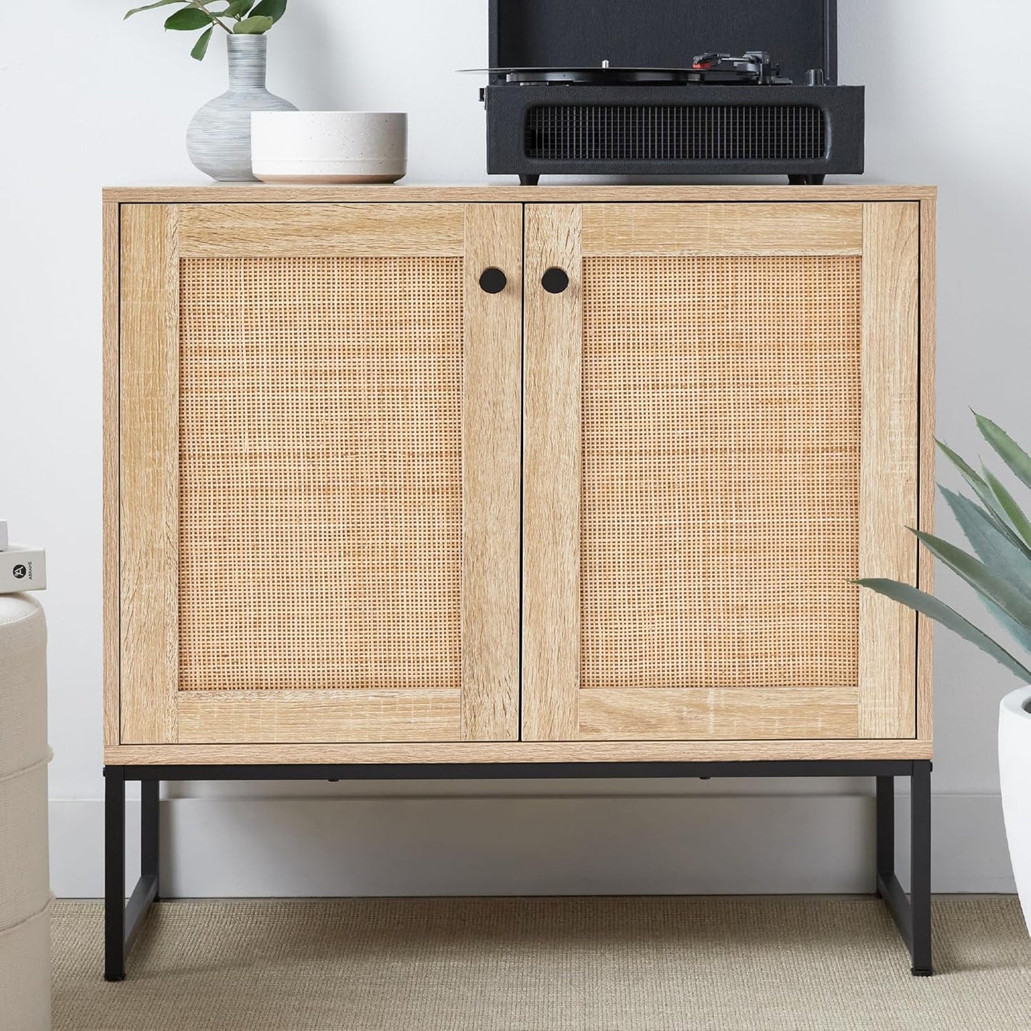 2-Door Rattan Storage Cabinet, Accent Furniture, Multifunctional Cupboard for Living Room, Hallway, Kitchen, Sideboard, Buffet Table W/Non-Scratch Foot Pads - Natural