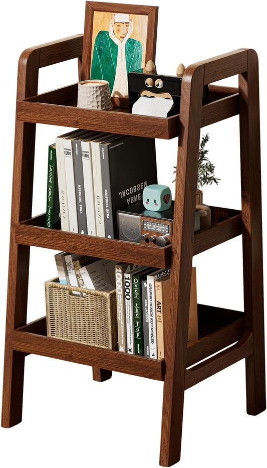 100% Solid Wood 3-Tiers Ladder Shelf, Small Bookcase, Ladder Bookshelf, End/Side Table for Living Room, Display Storage Open Shelf for Bedroom Kitchen Bathroom (Walnut Color)