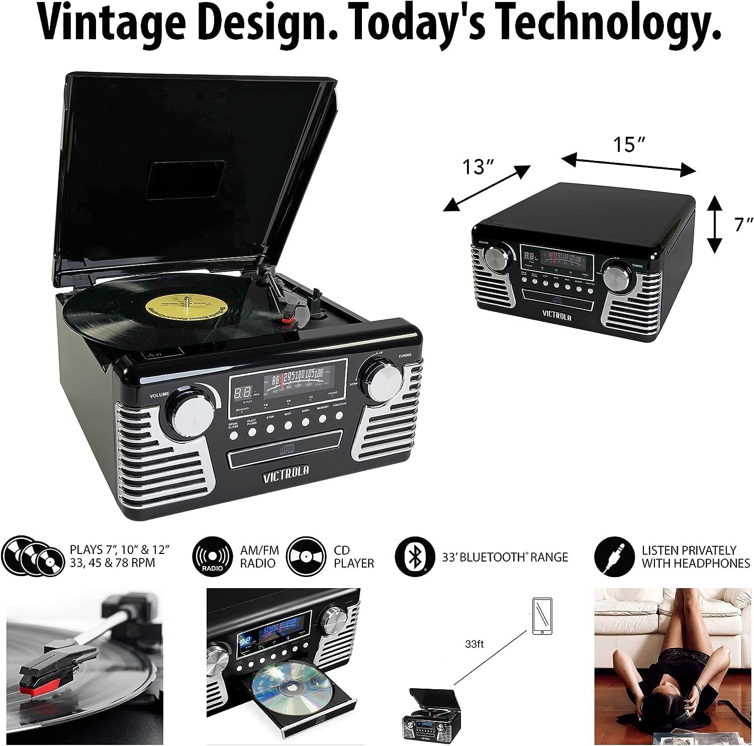 Haley Retro Bluetooth Record Player & Multimedia Center with Built-In Speakers - 3-Speed Turntable, CD Player, AM/FM Radio, 3.5Mm Aux-In, Wireless Music Streaming, Teal