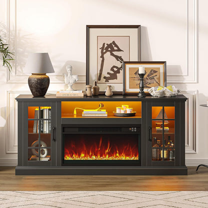 Fireplace TV Stand with Led and Power Outlets, Black Entertainment Center with 26" Electric Fireplace for 45/50/55/60/65 Inch Tvs, Modern TV Console with Storage Cabinet for Living Room